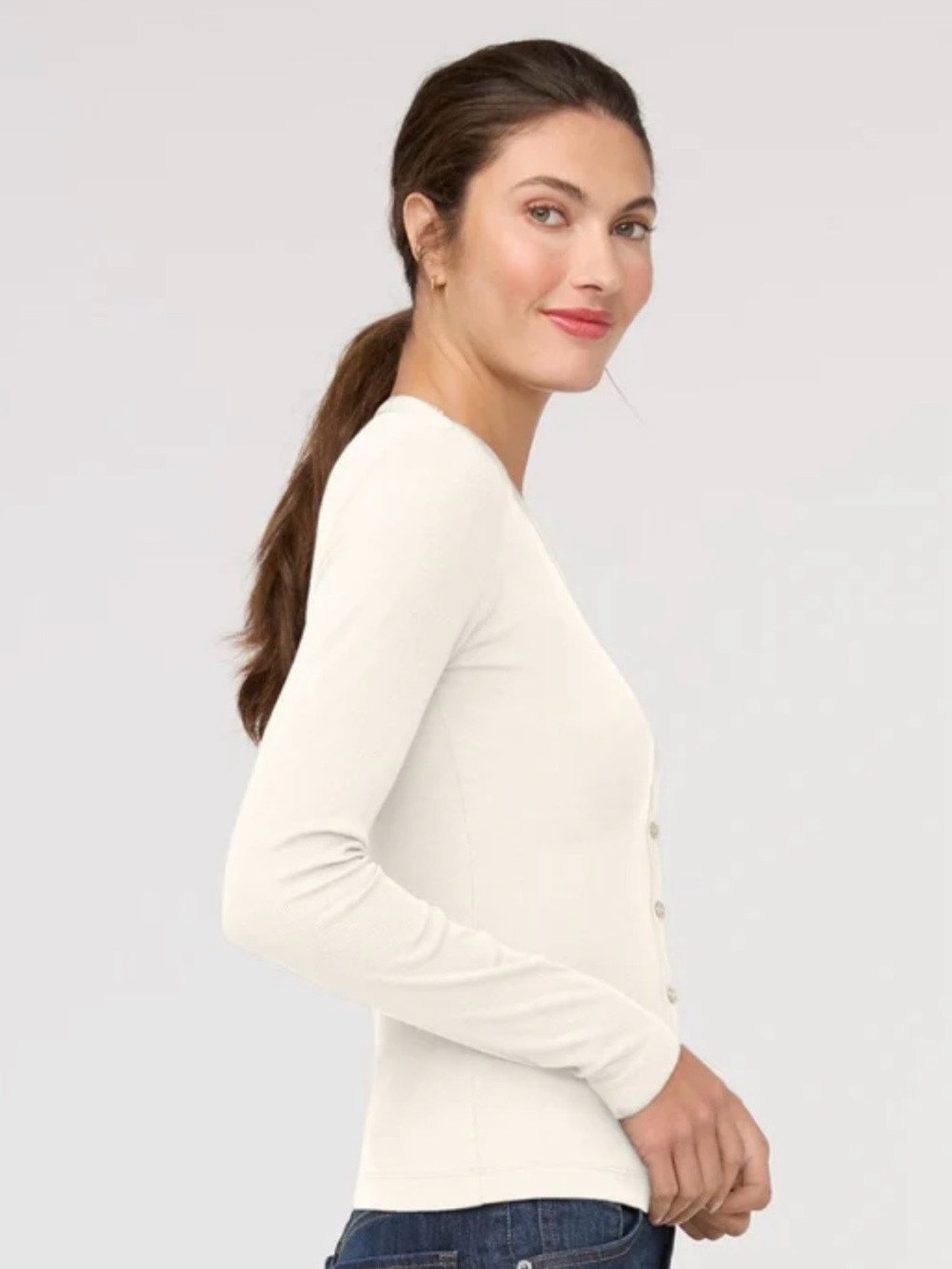 James Perse Ribbed White Long-Sleeve Button Front Top